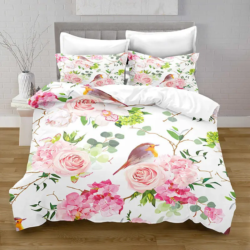 

Watercolor Floral Duvet Cover Set for Women - 3 - Piece Set! Features colorful flowers, green leaves, and birds