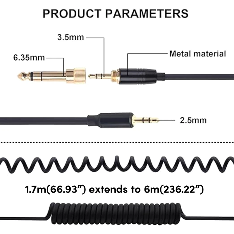 Replacement Spring Audio Cable with 6.35mm Adapter for BOSE QuietComfort 25 QC25 QC35 SoundTrue SoundLink OE2/OE2I Headphones