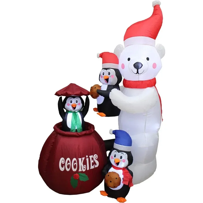 

Animated 6 Foot Tall Christmas Inflatable Polar Bear and Three Penguins Cookies Jar Cute Lights Lighted Blowup Party Decoration