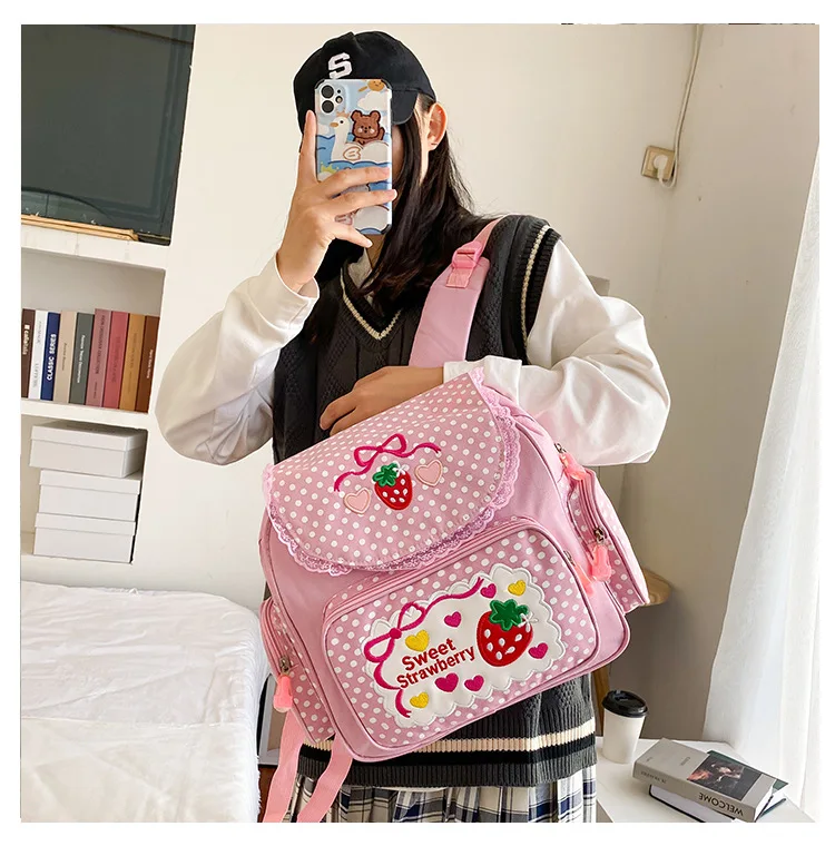 Pink Girl Embroidery Strawberry Children\'s Schoolbag Student Girls Birthday Gift 2023 New Japanese Cartoon Children Backpack