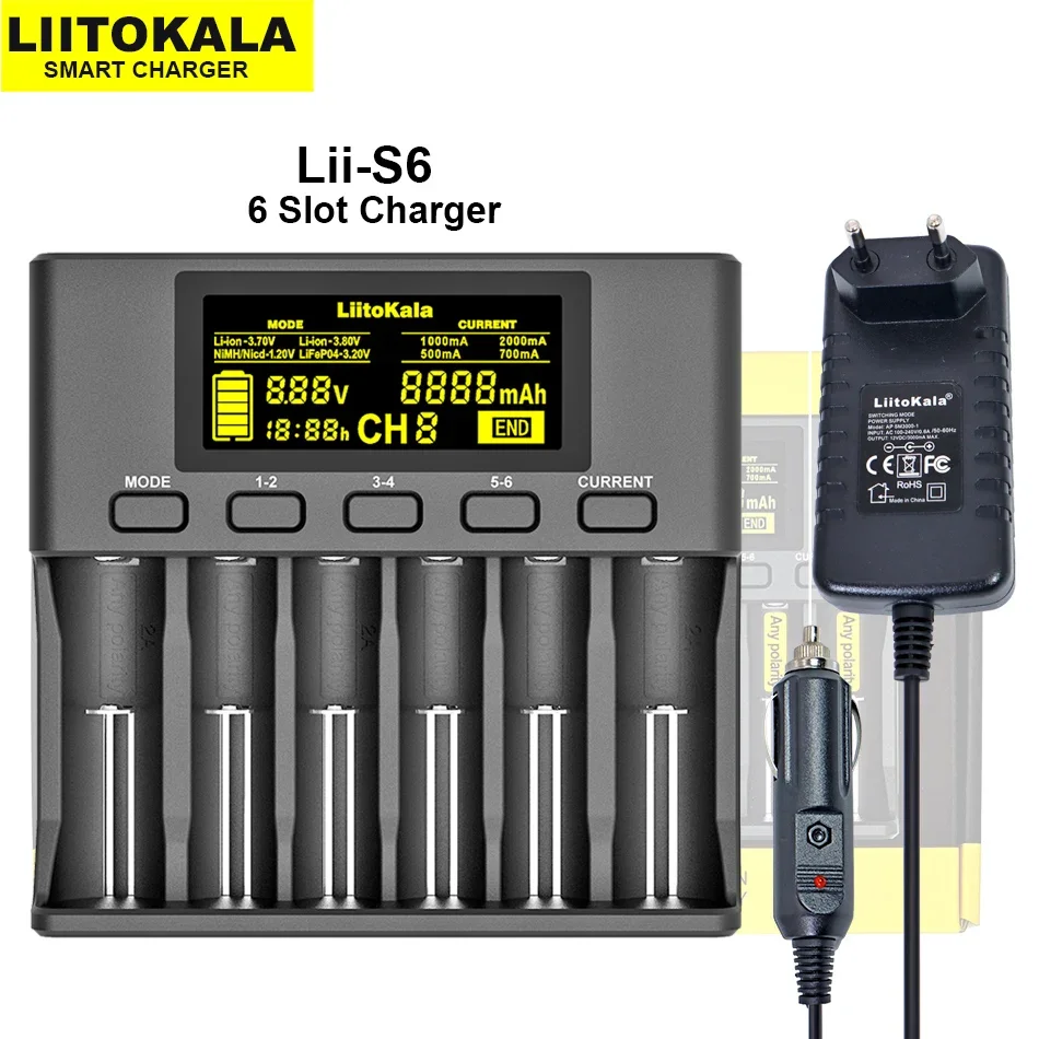 LiitoKala Lii-S6 Lii-PD4 Lii-500S 3.2V 3.7V 18650 Battery Charger 6-Slot Auto-Polarity Detect 26650 21700 18500 AA AAA Batteries