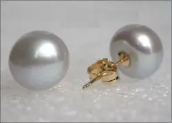 NEW AAA 10-11mm Akoya gray stud pearl earrings 14K Yellow GOLD