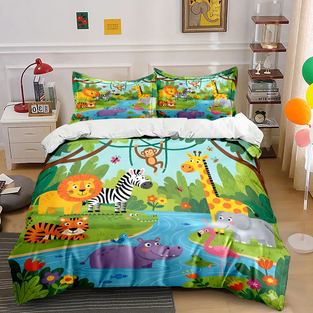 Forest animals by the river cartoon Print Bedding Set 1 Duvet Cover 2 Pillowcases for Adult and Children Luxury Gift Full Size