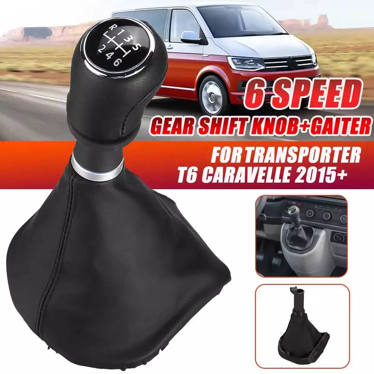 6 Speed Gear Shift Knob Leather Gaiter Boot Cover Shifter Lever Handle Stick for -Transporter T6 Caravelle 2015+