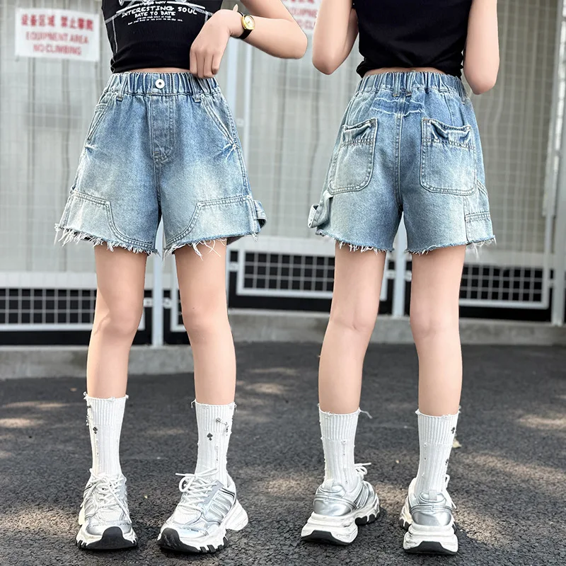 

New Summer Children Vintage Scimitar Jeans Shorts with Raw Hem for Tweens Girl Cool Street Botooms Kids Distressed Denim Shorts