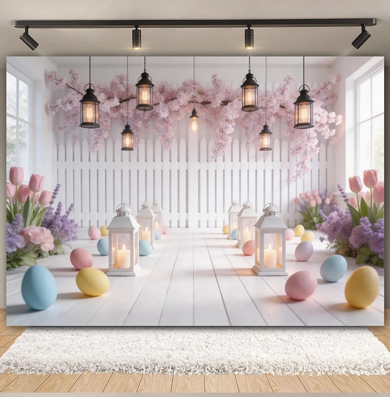 Vintage Floral Easter Backdrop Wisteria White Fence Colorful Eggs Lanterns Baby Kids Portrait Decoration Photography Background