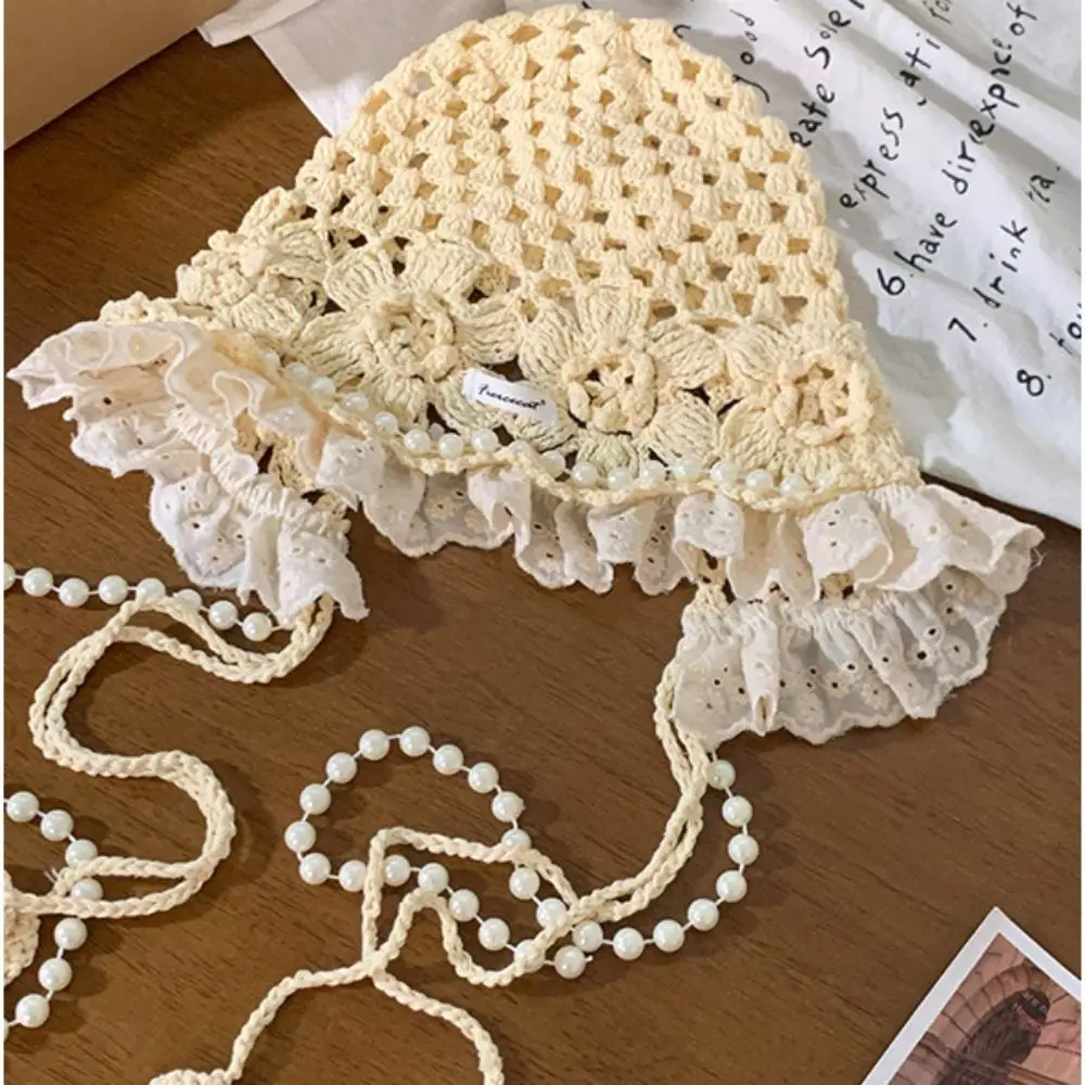 

Retro Pearl Tassels Crochet Flower Knitted Hat Hollow Out Thin Knit Cap Korean Handmade Lace Beanies Apparel Accessories