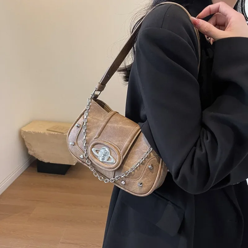 MBTI Y2k Chains Womens Shoulder Bag Vintage Gothic Aesthetic Designer Leather Crossbody Bag Casual Luxury Fashion Female Handbag