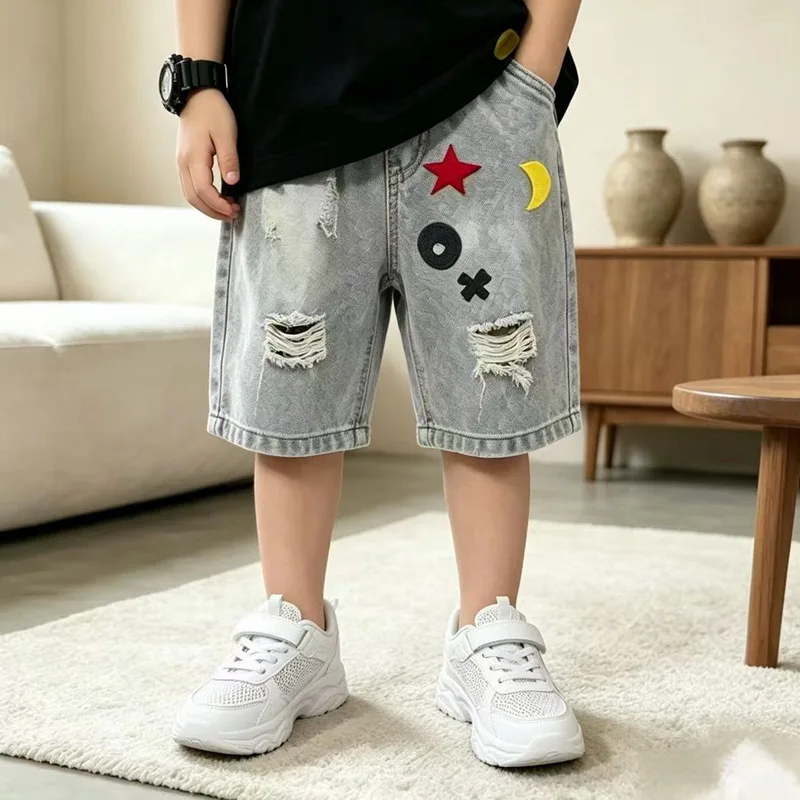 Fashion Kids Summer Ripped Denim Shorts Casual Blue Knee-Length Jeans for Boys with Holes Broken Print Short Pants Children's