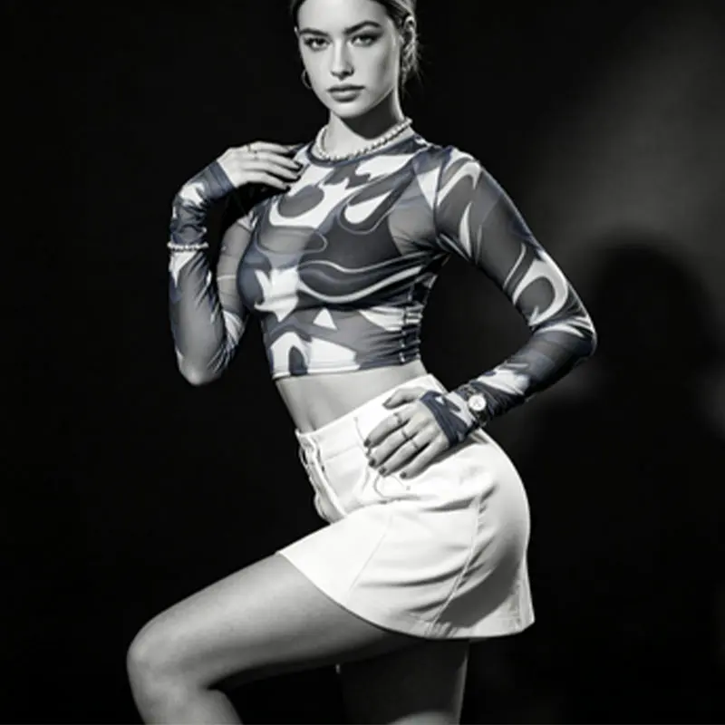 Women Mesh Sheer Long Sleeve Crop Top Marble Print Slim Fit See Through Y2K Party Clubwear Blouse
