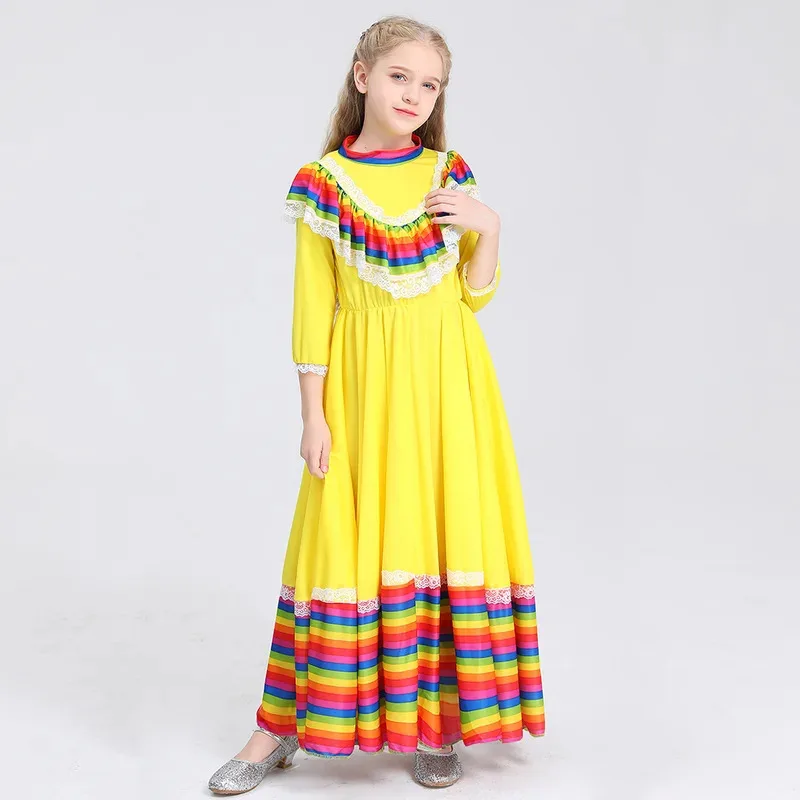 할로윈과 크리스마스 파티에 적합한 어린이 공연 의상용 시드니 소녀 멕시코 스타일의 긴 민족 댄스 스커트