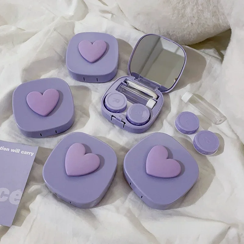 1pc Girl Cute Pink Heart Contact Lens Case box with Mirror Women Mini Colored Eyes Contact Lens Container Box Bag Travel Kit