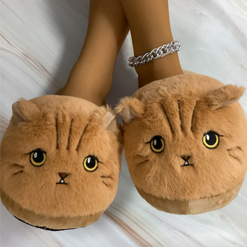 2024 Cute Cartoon Coffee Cat Half Slippers Ladies Winter Indoor Warm Stereo Animal Cat Head Plush Cotton Slippers Women's Shoes