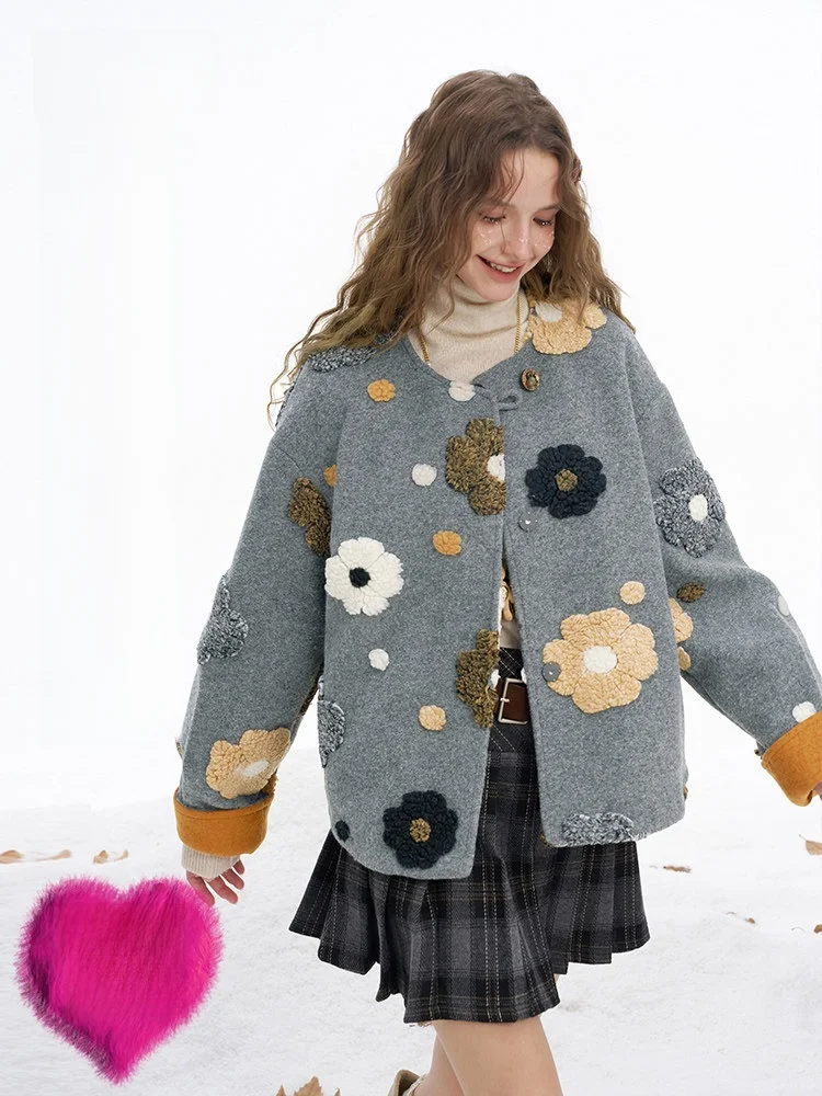 

Floral down Jaet Women's round Ne Plu Fluffy Winter Coat Casual Loose Fit 90% White Du down Filling Fluffy World