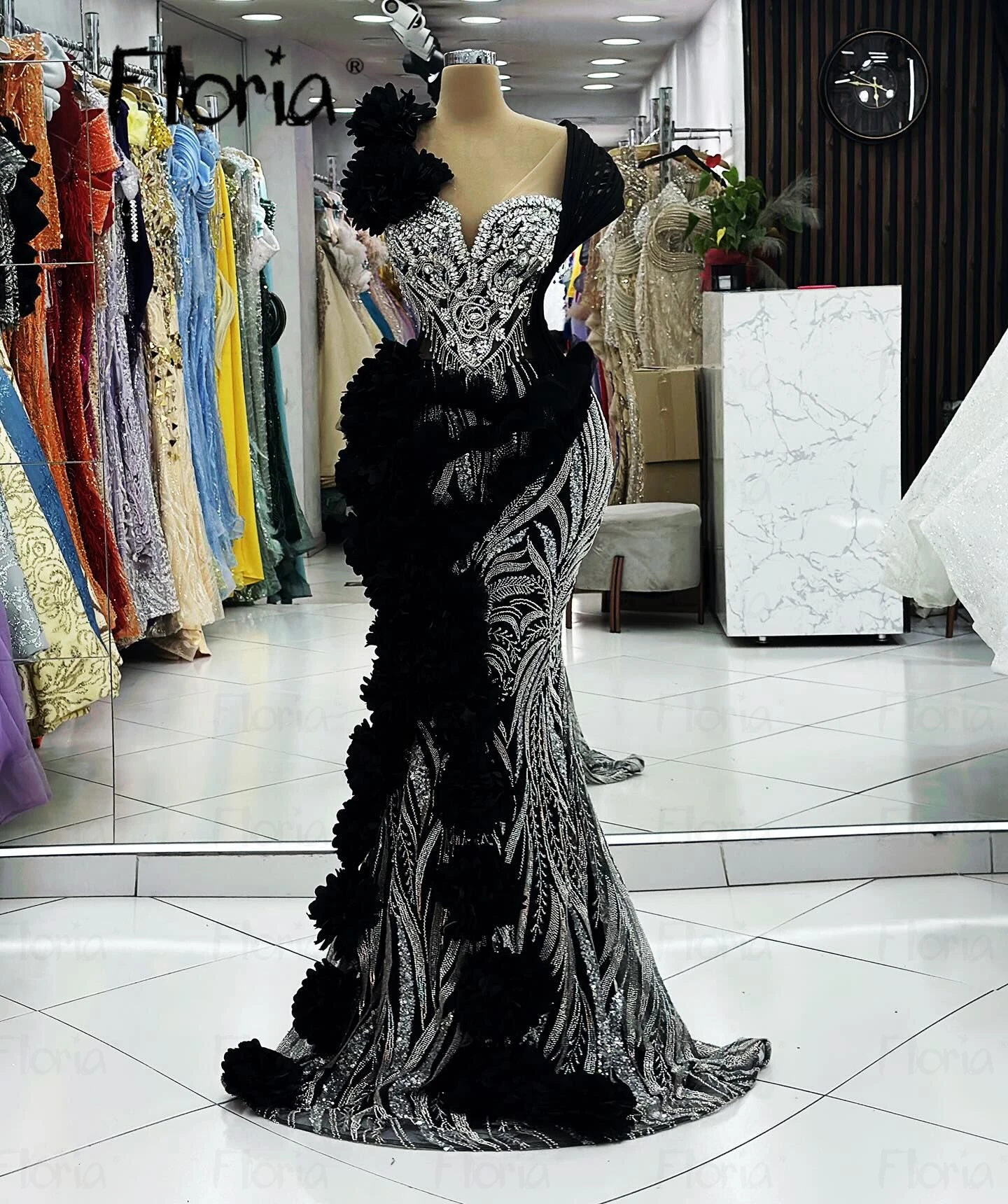 5D Flowers Black Middle East Party Dress Customized Elegant Bride of Monther Wedding Guest Gowns Formal Prom Reception Dresses