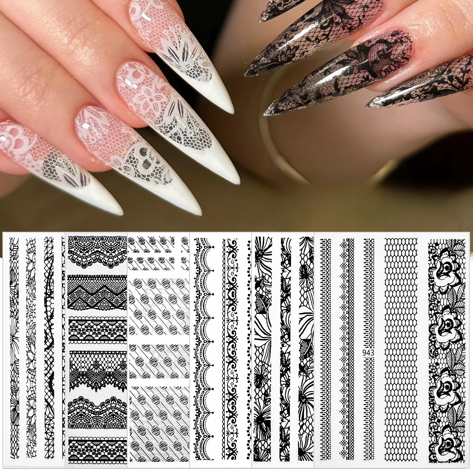 Black White Lace Nail Stickers Back Adhesive Waterproof Decals Manicure DIY Lace Decorations Accessories