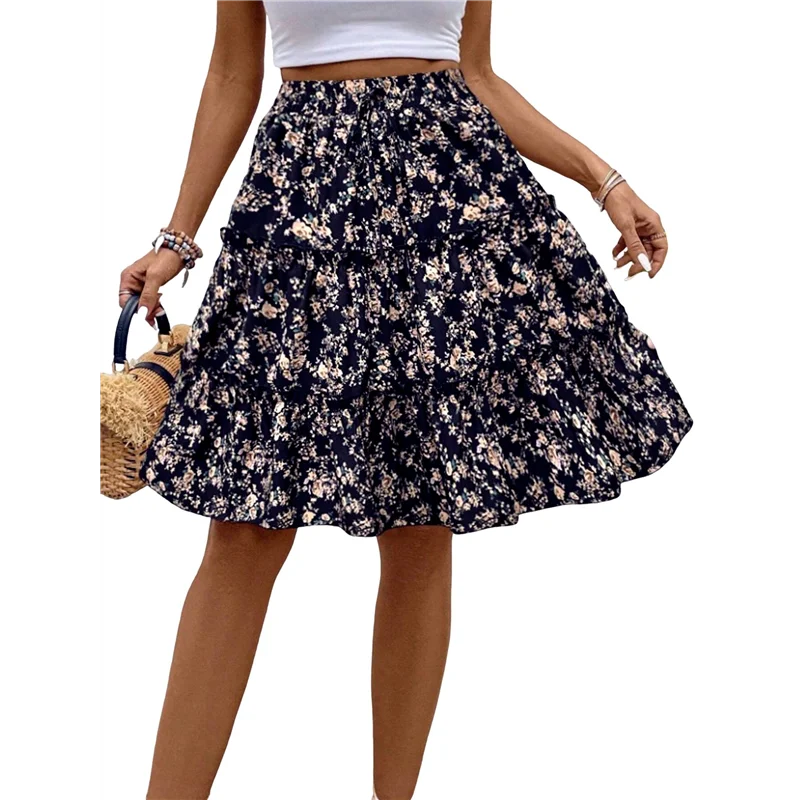 

AG-Women's Floral Print Ruffle Hem Elastic High Waist Tie Front Skirt