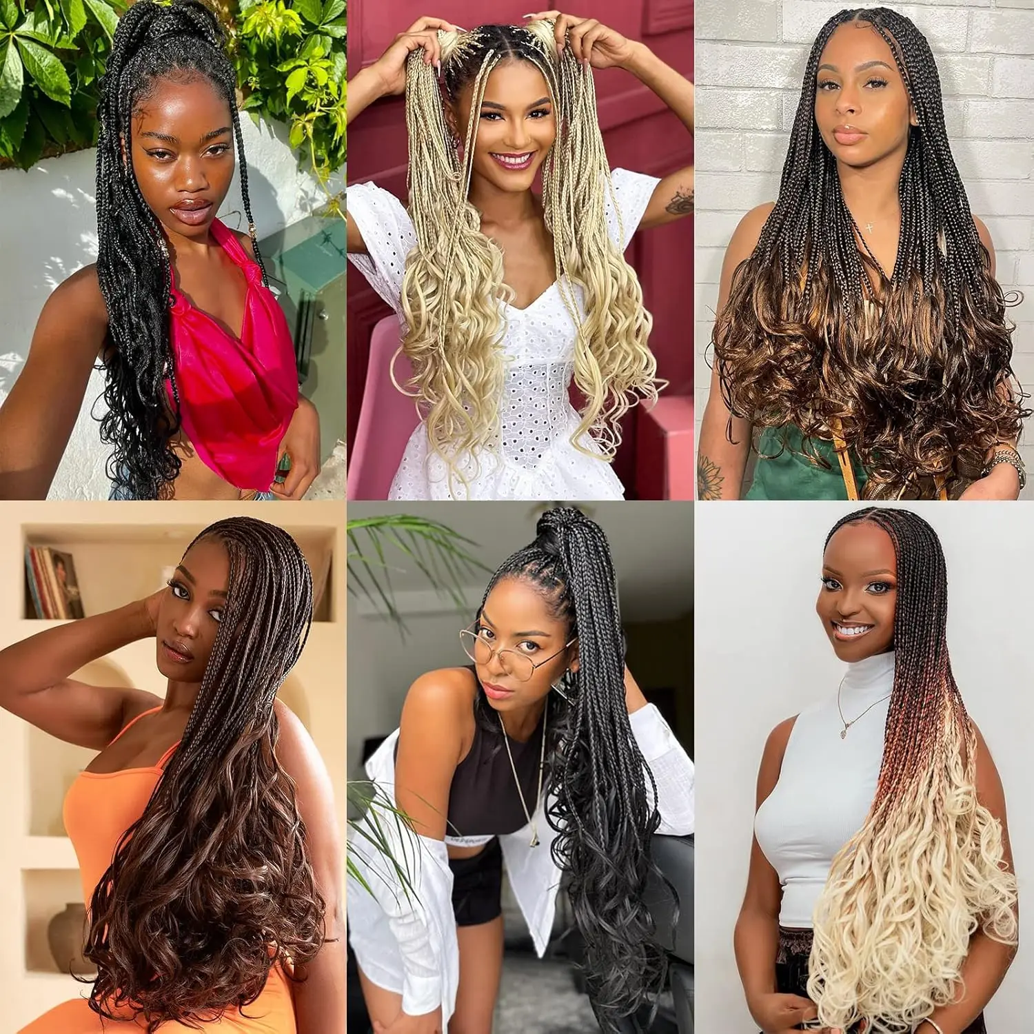 프렌치 컬 크로셰 브레이즈 여신 박스 브레이즈 여성용 크로셰 헤어, 곱슬 끝이 있는 프리 루프 크로셰 박스 브레이드 (합성 섬유)