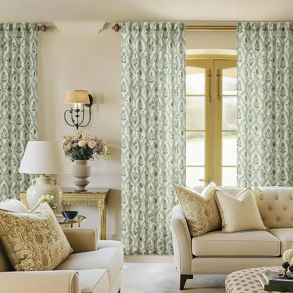 Olivgrüne Blumenvorhänge 120 für Wohn-/Esszimmer, Bauernhausstil mit Blatt- und Pflanzenmuster
