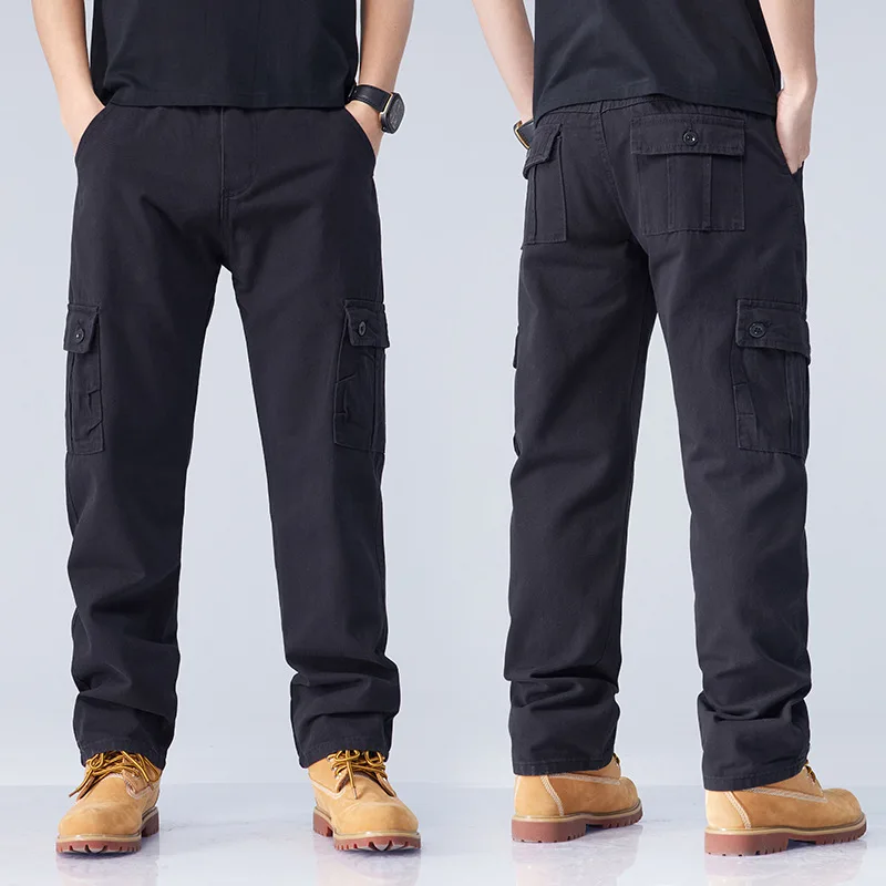 Men's Cargo Pants Multi-Pocket Overalls Solid Color Work Wear Casual Pant Wide Army Green Dark Gray Trousers Male