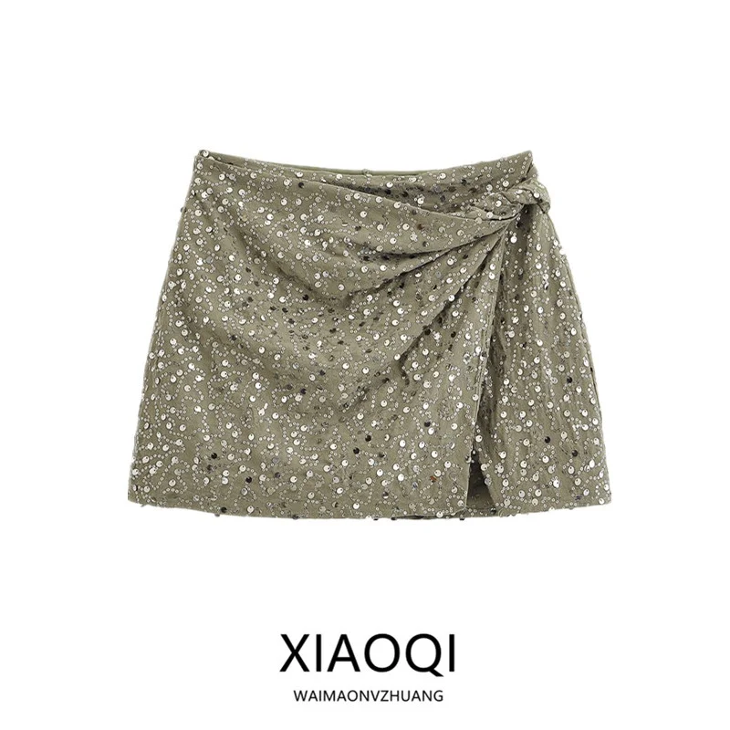 

Fall 2025 New Women's ort Skirt Double Breasted Sequin Decorated f Body Skirt Stand Fit Casual Bright Tead