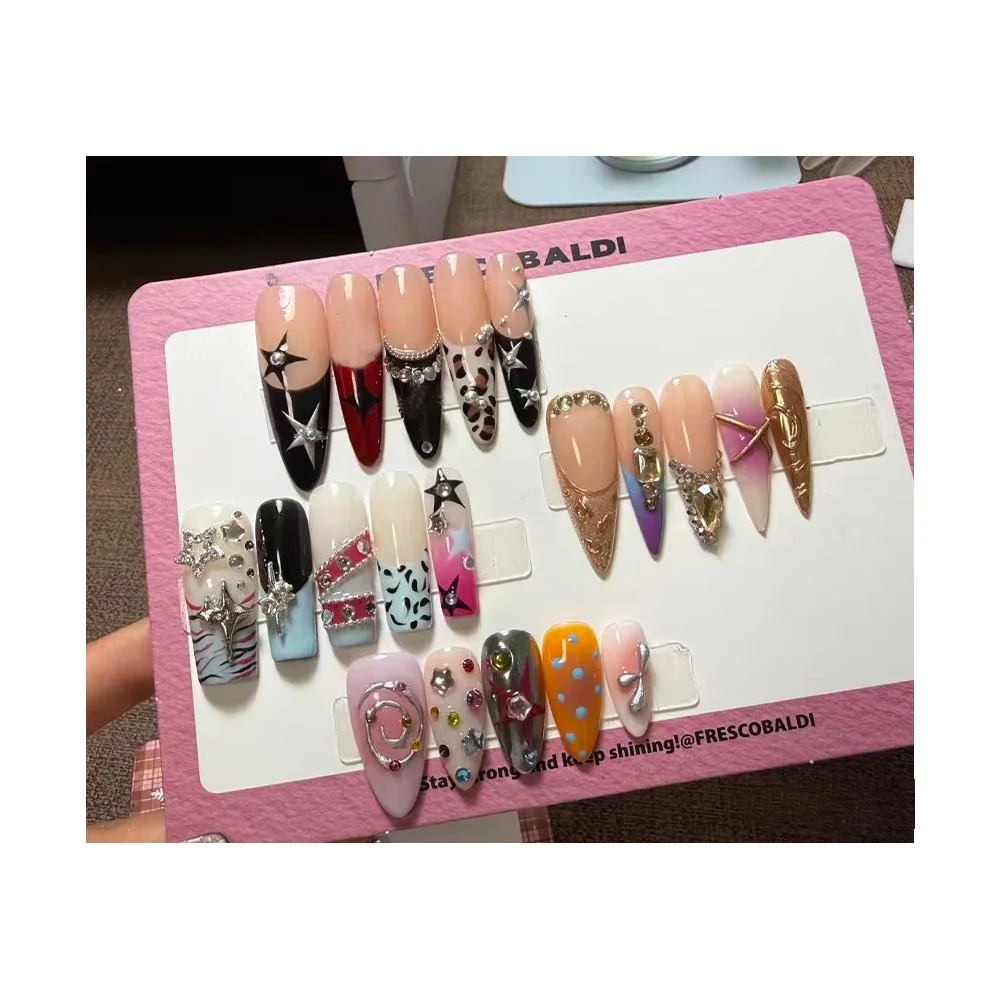 Y2K Spicy Girlish Style Leopard Diamond Stars Long Coffin Nail Art 3D Flower Dots Gemstone Line Almond Fake Nail Party Stickers
