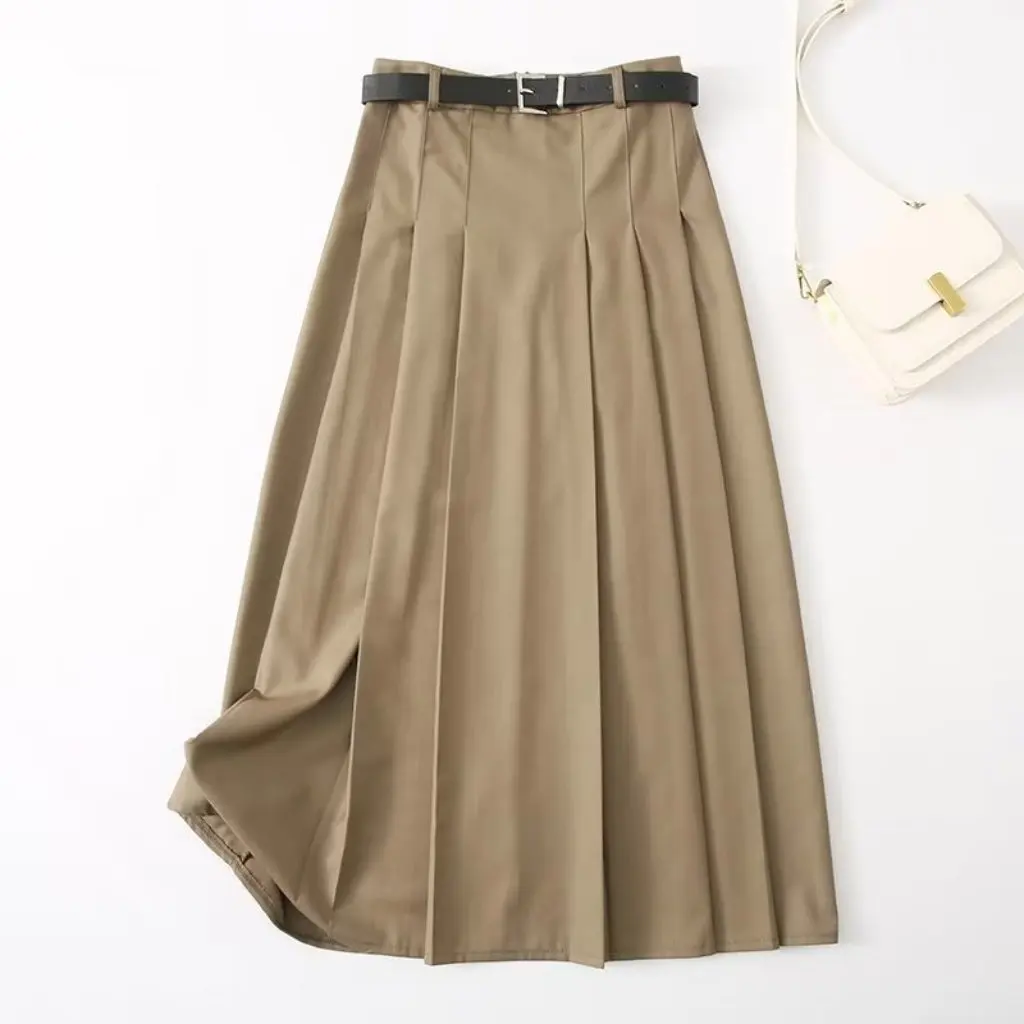 

B1YUE-5015-1 Women's Midi Pleated Skirt with Belt Fashionable Casual A-Line Skirts for Ladies