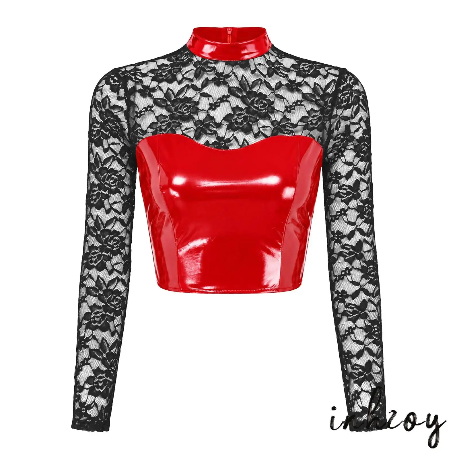 Women Patent Leather Patchwork Floral Lace Crop Top Mock Neck Long Sleeve Back Zipper Tops for Rave Nightclub Performance Party