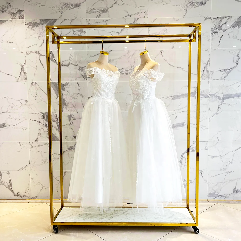 

Commercial Bridal Store Shop Decorations Boutique Gold Metal Clothing Garment Stand Display Gold Showcase Wedding Dress Rack