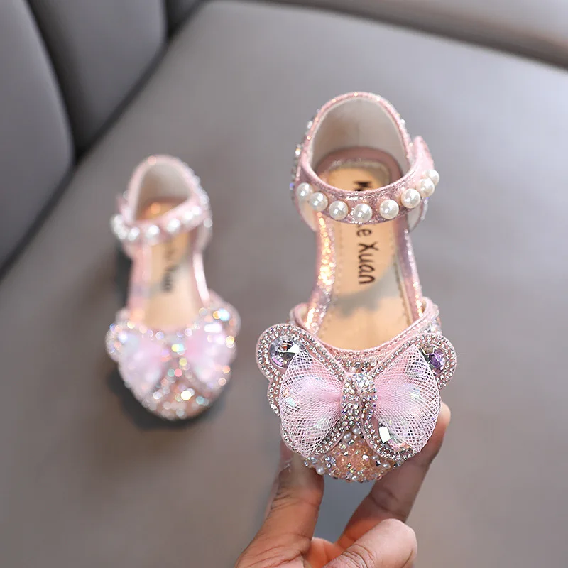 

Summer Girls Sandals 2023 New Fashion Sequins Rhinestone Bow Girls Princess Shoes Baby Children Pearl Shoes Flat Heel Sandals