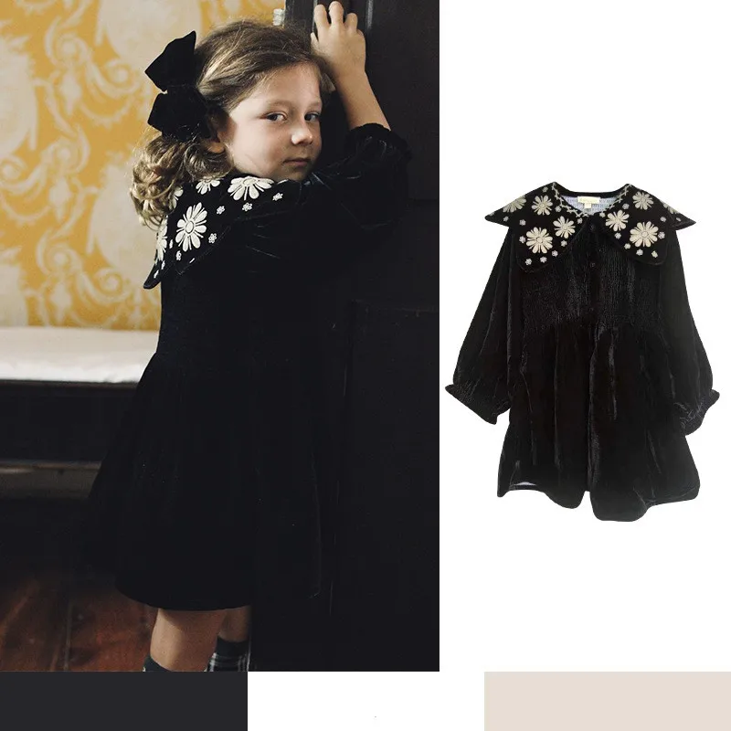 2024 Daisy Embroidered Girls Dress Velvet Vintage Dresses Lantern Sleeve Children Frocks Turn Down Collar  Baby Girl Clothing