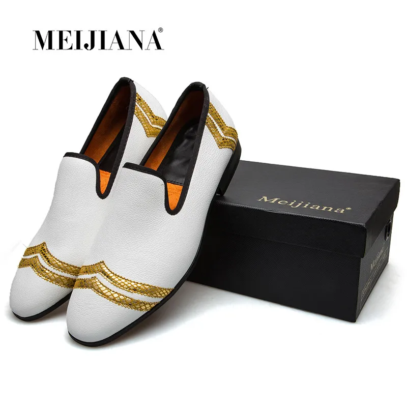 

Men's White Leather Loafers with Gold Metallic Stripes - Slip-On Formal Smoking Shoes for Wedding Party Prom Business