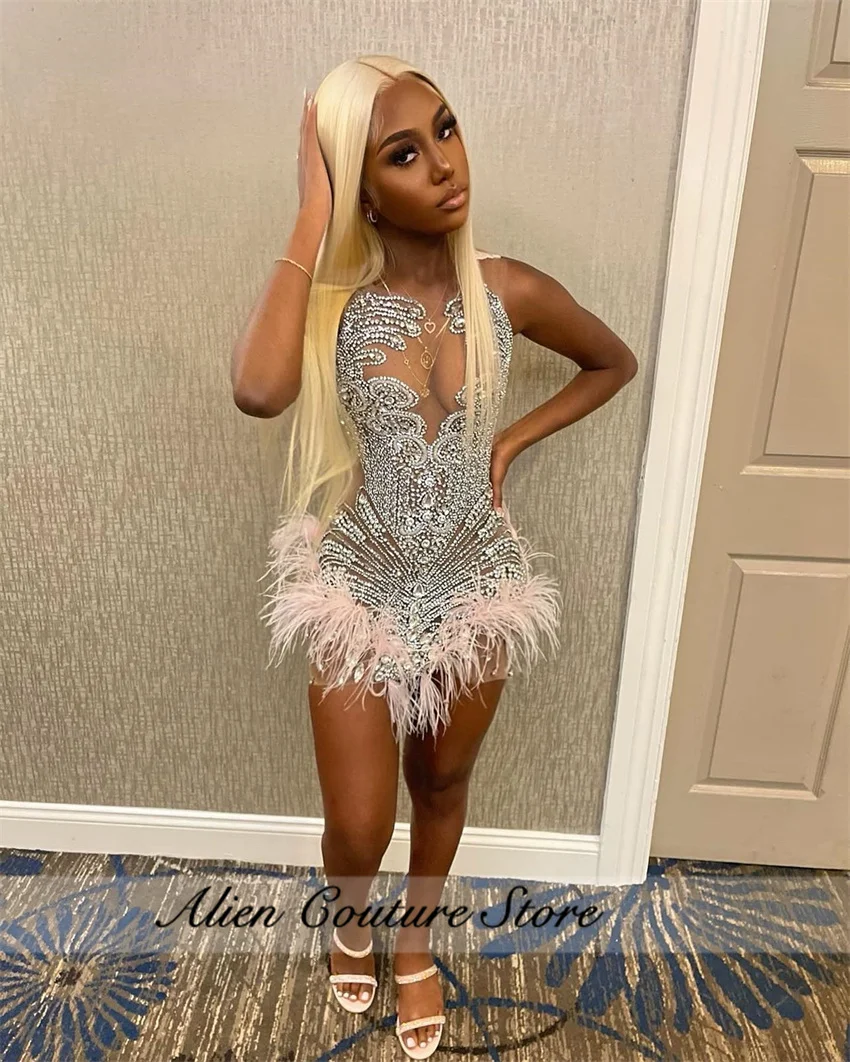 Shining Pink Crystal Short Prom Dress For Black Girl Sparkly Rhinestones Senior Cocktail Dress Birthday Gown Women 2024