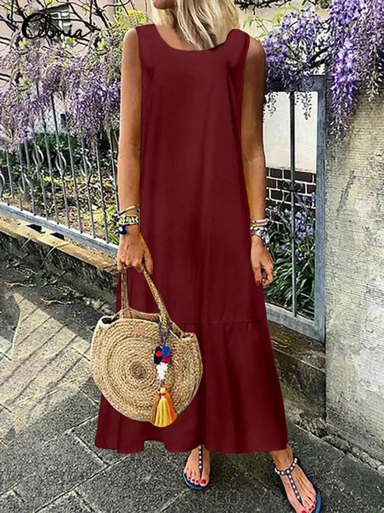 Celmia Women Long Dress Summer 2023 Fashion Maxi Sundress Vintage Cotton Ruffles Casual Loose Sleeveless Party Thin Vestidos