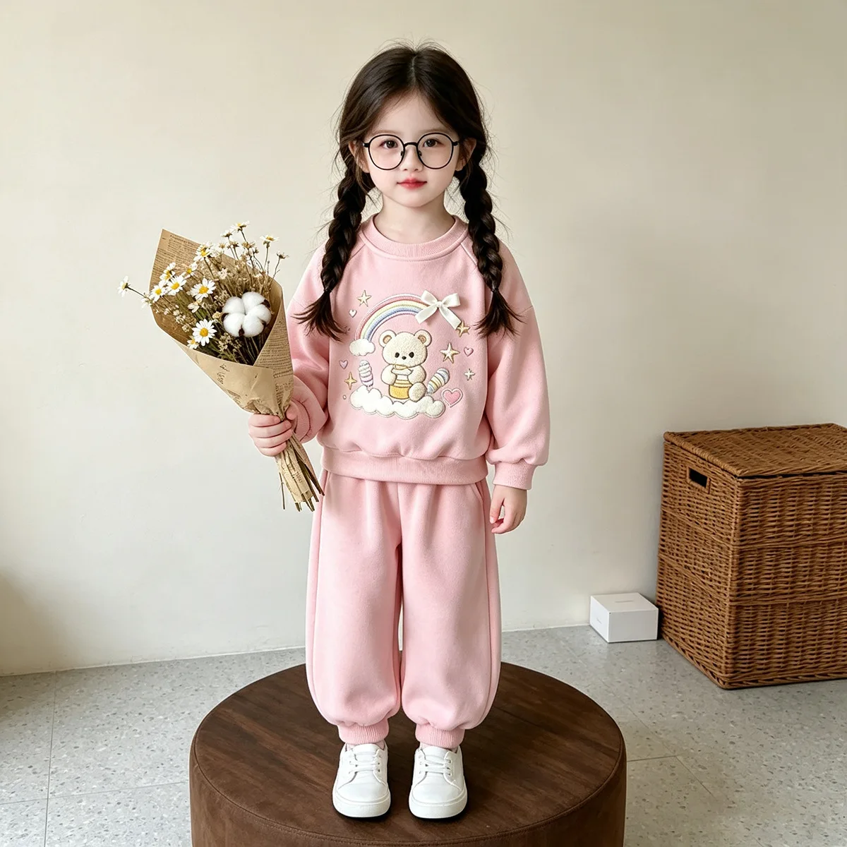 Mädchen Frühling Herbst Cartoon Sweatshirt-Set – Oberteil mit Hasen-Print & Hose mit Schleife, 2-teiliges Freizeitoutfit für Kinder – Detail 8
