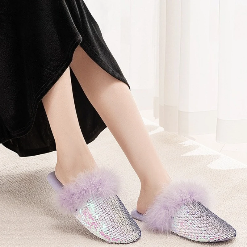 الخريف الشتاء رقيق أفخم شبشب منزل دافئ النساء الترتر تصميم جولة تو نعال من القطن الراحة عدم الانزلاق المرأة المتسكعون