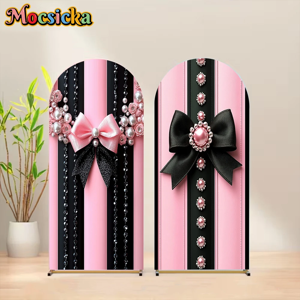 

Mocsicka Bow Arch Background Covers Soft Double-Sided Woman Bride Wedding Photo Backdrops Pink Pearl Pattern Decors Studio Props