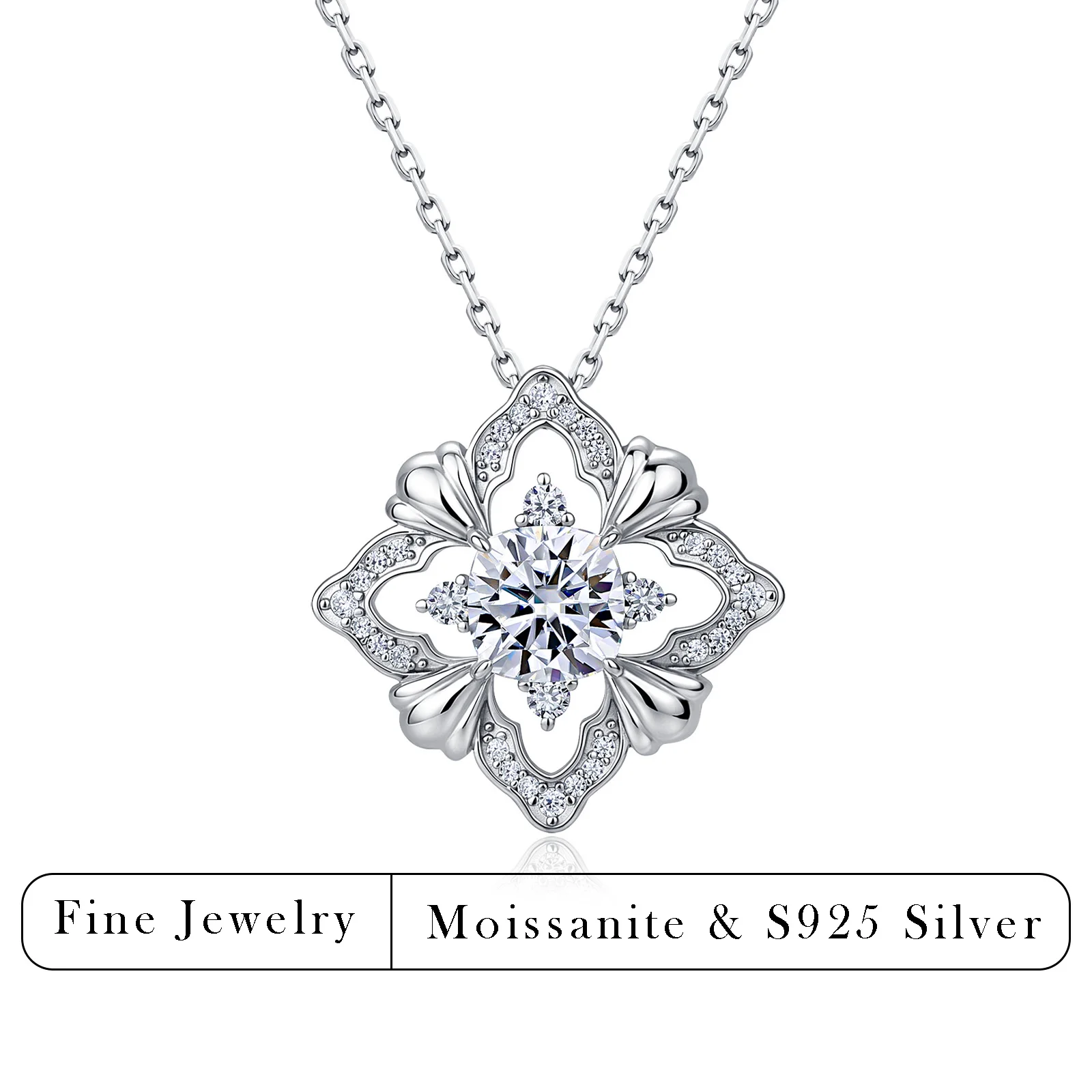 

3.4ctw Vintage Four-Petal Flower Moissanite Necklace S925 Sterling Silver Hollow Halo Pendant Women Wedding Daily Jewelry