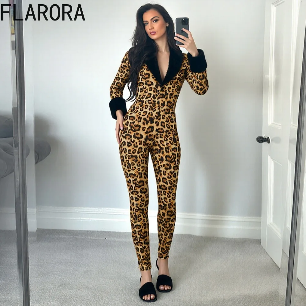 FLARORA Furry Leopard Printing Jumpsuits Woman Sexy Deep V Neck Full Sleeve Skinny High Waist Midnight Party Clubwear Overalls