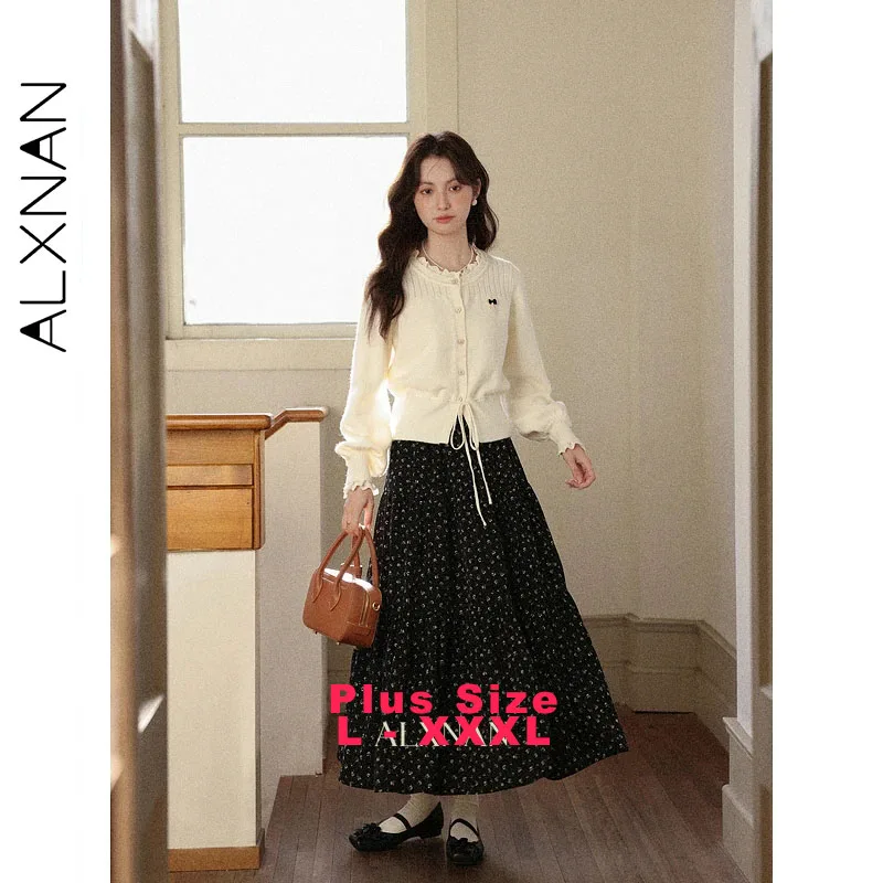 ALXNAN 플러스 사이즈 버튼 가디건 드로스트링 밑단 라운드넥 신축성 니트 스웨터 슬림 엘레강트 특별 따뜻한 여성 상의 D57526