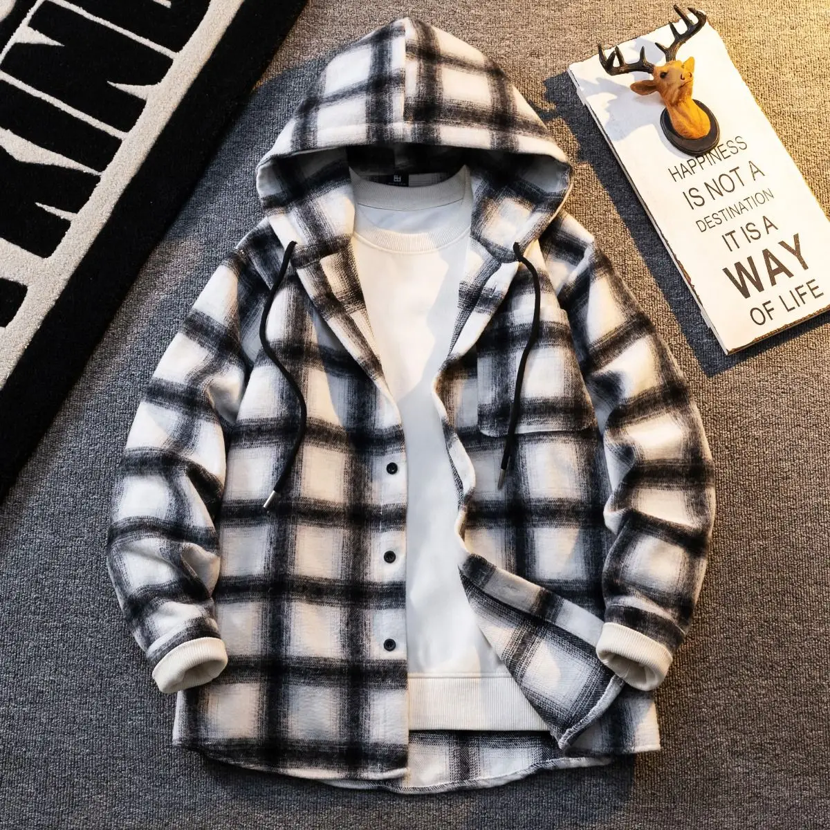 Jaket Cardigan Pria Model Longgar Berkerudung Bahan Flanel Kasual Santai untuk Musim Semi dan Gugur Gaya Jepang