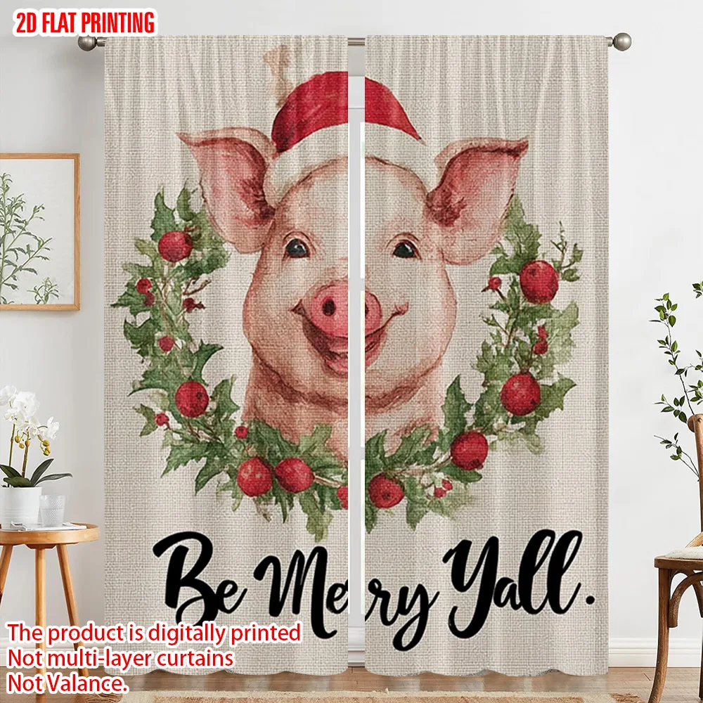 

2pcs, plane printing Popular Curtain Panels Festive Pig in Knit Hat & Wreath Versatile Durable Polyester (without rod) Festive