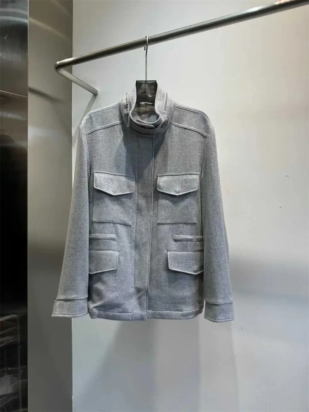 Women's Clothes Slimming Casual Jacket Pockets Stand Collar Drawstring Waist Outerwear