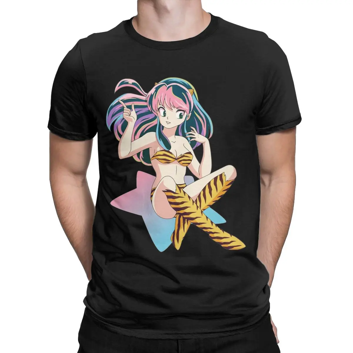 Lum Urusei Yatsura Men T Shirts Anime Awesome Tee Shirt Short Sleeve Round Neck T-Shirts Cotton Unique Tops