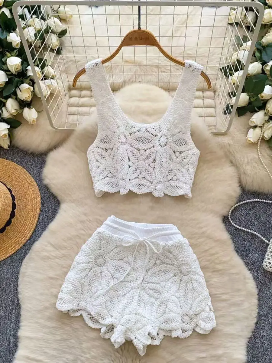 Beach Vacation Style Knitted Small Size Set Women Summer Wear Hollow out Hook Flower Top High Waist Wide Leg Shorts