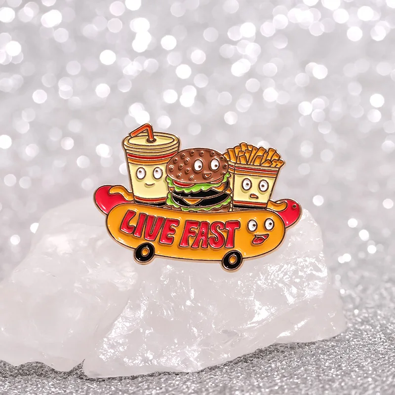 Live Fast Enamel Pin Custom Cute Hot Dogs French Fries Hamburgers And Cola Brooches Lapel Badges Jewelry Gift For Kid Friend