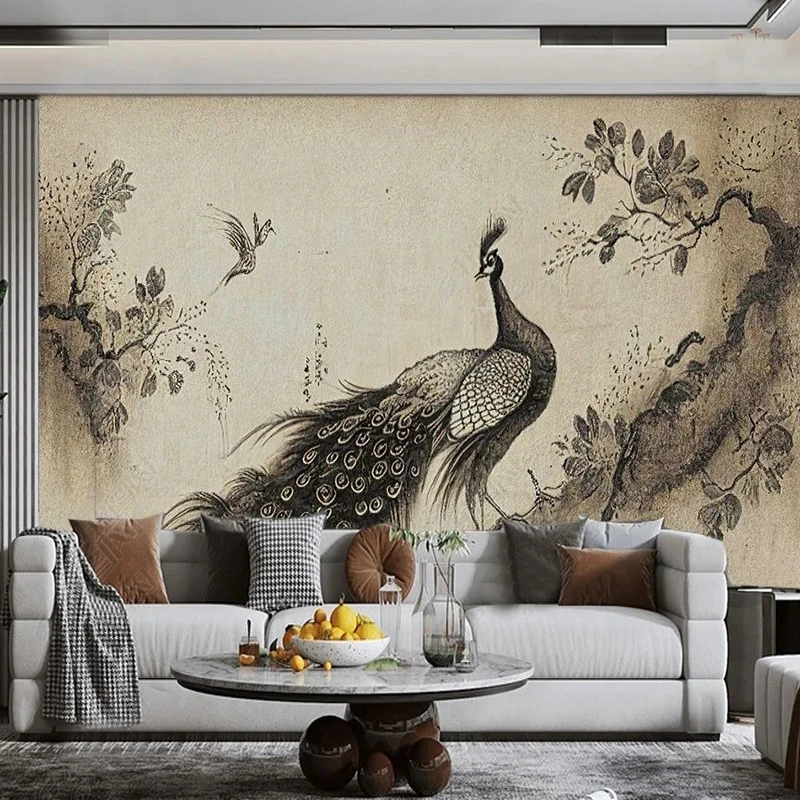 

Custom Wallpaper Chinese Art Peacock Ink Fresco Living Room TV Background Wall Sticker Poster Papel De Parede Home Décor Tapety