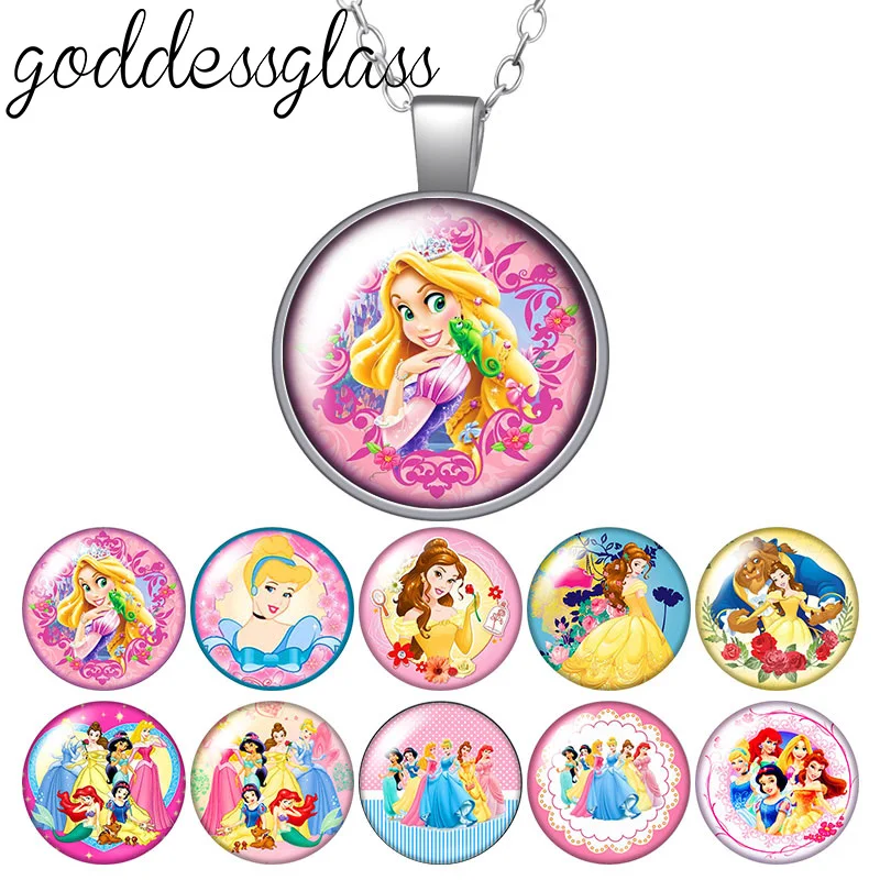 Disney Princesses Belle Snow white Christmas princess Round Photo Glass cabochon silver plated pendant necklace jewelry Gift