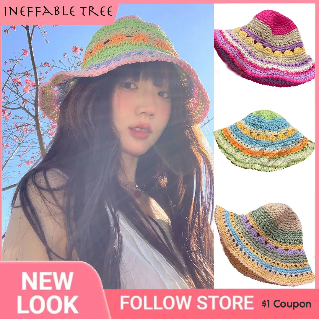 

Thailand Colorful Woven Straw Hats for Women Vacation Beach Shade Hat Sunscreen Eaves Foldable Hollow Sun Cap Sombreros De Mujer