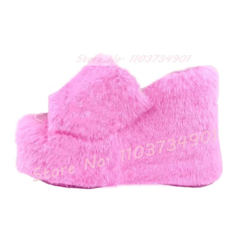 

Pink Furry Platform Wedge Slippers Women Stylish Fur Open Toe Girls Lovely Party Shoes Female Elegant Round Toe Fluffy Slippers